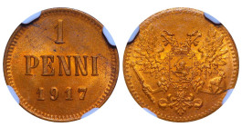 Finland, Emperor Nicholas II (1894 - 1917), 1 penny, 1917 year, Copper, 1,28 gr, KM#16, Bitkin GSF5, NGC
MS 64 RD