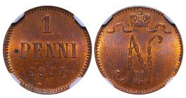 Finland, Emperor Nicholas II (1894 - 1917), 1 penny, 1907 year, Copper, 1,28 gr, KM#13, Bitkin 468, NGC
MS 63 RB Missing Serif On 7