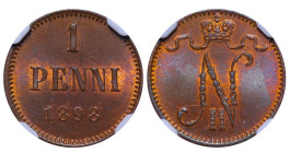 Finland, Emperor Nicholas II (1894 - 1917), 1 penny, 1898 year, Copper, 1,28 gr, KM#13, Bitkin 459, NGC
MS 65 BN