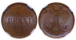 Finland, Emperor Alexander III (1881 - 1894), 1 penny, 1888 year, Copper, 1,28 gr, KM#13, Bitkin 253, NGC
MS 63 BN