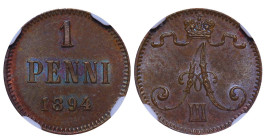 Finland, Emperor Alexander III (1881 - 1894), 1 penny, 1894 year, Copper, 1,28 gr, KM#10, Bitkin 257, NGC
MS 62 BN