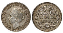 Netherlands, Queen Wilhelmina (1890 - 1948), 25 cents, 1941 year, Zinc, 5 gr, KM#174, German Occupation, Fantasy Norse longship at sea