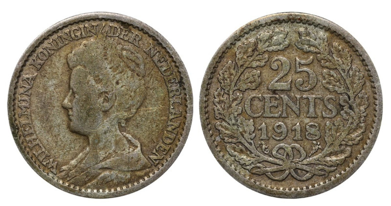 Netherlands, Queen Wilhelmina (1890 - 1948), 25 cents, 1918 year, Silver, 3,58 g...