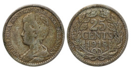 Netherlands, Queen Wilhelmina (1890 - 1948), 25 cents, 1918 year, Silver, 3,58 gr, KM#146
