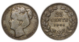 Netherlands, Queen Wilhelmina (1890 - 1948), 25 cents, 1905 year, Silver, 1,5 gr, KM#120.1
