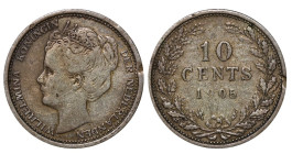 Netherlands, Queen Wilhelmina (1890 - 1948), 10 cents, 1905 year, Silver, 1,4 gr, KM#136