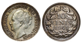 Netherlands, Queen Wilhelmina (1890 - 1948), 10 cents, 1941 year, Silver, 1,4 gr, KM#163
