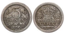 Netherlands, Queen Wilhelmina (1890 - 1948), 5 cents, 1907 year, Copper-Nickel, 4,5 gr, KM#137