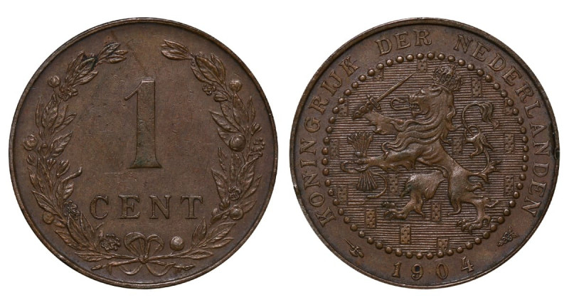 Netherlands, Queen Wilhelmina (1890 - 1948), 1 cent, 1904 year, Bronze, 2,5 gr, ...