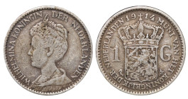Netherlands, Queen Wilhelmina (1890 - 1948), 1 gulden, 1914 year, Silver, 9,9 gr, KM#148