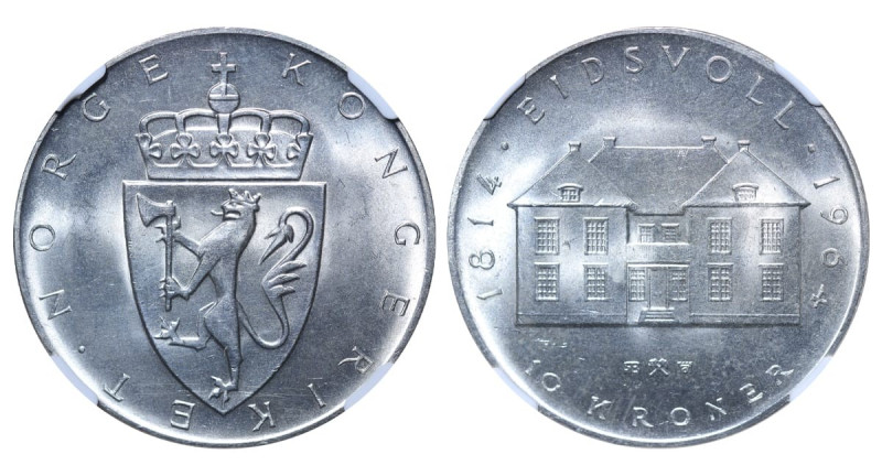 Norway, King Olav V (1957 - 1991), 10 kroner, 1964 year, Silver, 20 gr, KM#413, ...