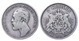 Norway, King Oscar II (1872 - 1905), 2 kronor, 1877 year, Silver, 15 gr, KM#742, "O" in title