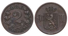 Norway, King Oscar II (1872 - 1905), 2 ore, 1891 tear, Bronze, 4 gr, KM#353