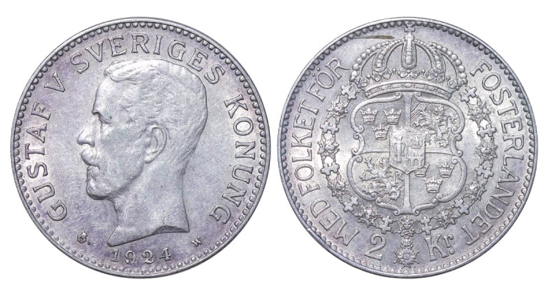 Sweden, King Gustaf V (1907 - 1950), 2 kronor, 1924 year, Silver, 15 gr, KM#787