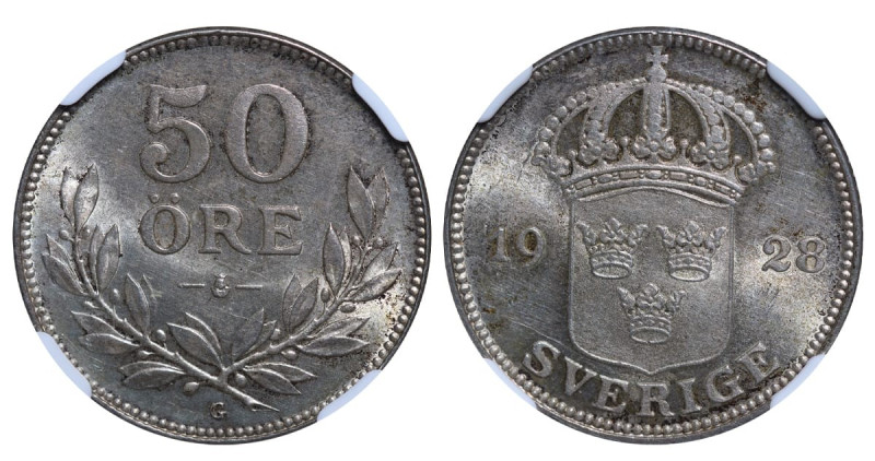 Sweden, King Gustaf V (1907 - 1950), 50 Ore, 1928 year, Silver, 5 gr, KM#788, NG...