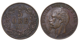 Sweden, Oscar I (1844 - 1859), 5 ore, 1857 year, Bronze, 8,6 gr, KM#690