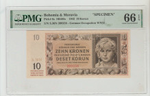 Bohemia&Moravia, Emil Hacha (1939 - 1945). "SPECIMEN" 10 Korun 1942 Pick#8s SB405s S/N S.30N 399256 - German Occupation WWII 66 Gem Uncirculated
PMG ...