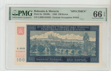 Bohemia&Moravia, Emil Hacha (1939 - 1945). "SPECIMEN" 100 Korun 1940 Pick#6, SB409, S/N S.09B 344633 - Germany Occupation WWII, 66 Gem Uncirculated
P...