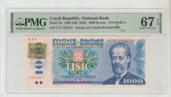 Czech Republic, President Gustáv Husák (1975 - 1989). , National Bank 1000 Korun 1985 (ND 1993) Pick#3a - S/N Prefix C S/N C74 124451 - Stamp on Czech...
