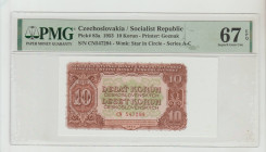 Czechoslovakia/Socialist Republic, President Antonín Zápotocký (1953 - 1957). Pick# 83a 1953 10 Korun - Printer: Goznak S/N CN547294 - Wmk: Star in Ci...