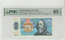 Czechoslovakia, President Gustáv Husák (1975 - 1989). State Bank Pick# 95a 1988 20 Korun - Printer: STC-P S/N E28 560373 - Wmk: Stars & Linden Leaves ...