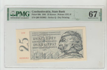 Czechoslovakia, President Antonín Novotný (1957 - 1968). , State Bank Pick# 89b 1961 25 Korun - Printer: STC-P S/N Q08 935082 - Series Q- Dry Printing...