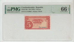 Czechoslovakia, President Edvard Beneš (1945 - 1948). Pick# 59a ND (1945) 5 Korun S/N X/A 919063 - Printer: TDLR 66 Gem Uncirculated
PMG 66