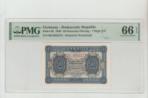 Germany - Democratic Republic Pick# 8b 1948 50 Deutsche Pfennig - 7 Digit S/N S/N BE4892273 - Deutsche Notenbank 66 Gem Uncirculated
PMG 66