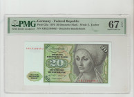 Germany, President Gustav Heinemann (1969 - 1974). Federal Republic Pick# 32a 1970 20 Deutsche Mark - Wmk: E. Tucher S/N GB1216406Z - Deutsche Bundesb...