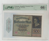 Germany, President Friedrich Ebert (1919 - 1925). Republic Treasury Note Pick# 73 1922 500 Mark S/N E2499118 66 Gem Uncirculated
PMG 66