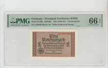 Germany, President Adolf Hitler (1934 - 1945). Occupied Territories WWII Pick#138 SBS (1948) 1 Reichsmark S/N 504393 Block 40 - With Embossed Stamp 66...