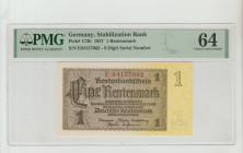 Germany, President Adolf Hitler (1934 - 1945). Stabilization Bank Pick# 173b 1937 1 Rentenmark S/N E04137662-8 Digit Serial Number 64 Choice Uncircula...