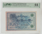 Germany, Keiser William II (1888 - 1918). Imperial Bank Note Pick# 34 1908 (ND 1918-22) 100 Mark S/N 7926138H - Green Serial Number & Seal 64 Choice U...