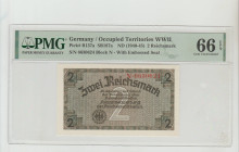 Germany, President Adolf Hitler (1934 - 1945). Occupied Territories WWII Pick# R137a SB187a ND (1940-45) 2 Reichsmark S/N 6630624 Block N - With Embos...