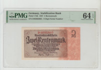 Germany, President Adolf Hitler (1934 - 1945). Stabilization Bank Pick# 174b 1937 2 Rentenmark S/N D03862665 - 8 Digit Serial Number 64 Choice Uncircu...