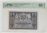 Germany, President William II (1888 - 1918). Germany, Imperial Bank Note Pick# 63 1915 20 Mark S/N H6841141 65 Gem Uncirculated
PMG 65