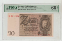 Germany, President Paul von Hindenburg (1925 - 1933). Germany, Reichsbanknote Pick# 181b 1929 (ND 1945) 20 Reichsmark S/N B04422162 - Wmk: Ornament 66...
