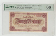 Germany, President Adolf Hitler (1934 - 1945). Sudetenland & Lower Silesia Pick# 187 1945 20 Reichsmark S/N AU 025697 - Kassenschein Emergency Issue 6...