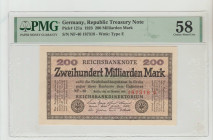 Germany, President Friedrich Ebert (1919 - 1925). Republic Treasury Note Pick# 121a 1923 200 Milliarden Mark S/N NF-40 187318 - Wmk: Type E 58 Choice ...
