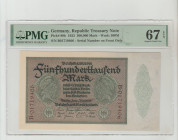 Germany, President Friedrich Ebert (1919 - 1925). Republic Treasury Note Pick# 88b 1923 500,000 Mark - Wmk: 500M S/N B01719406 - Serial Number on Fron...