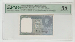 India, Governor The Marquess of Linlithgow (1936 - 1943). British Administration Pick# 25a Jhun&Rez 4.1.1A 1940 1 Rupee S/N R/11 636090 - Wmk: King Ge...