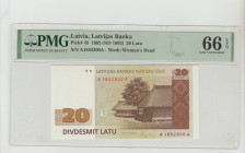 Latvia,President Anatolijs Gorbunovs (1991 - 1993). Latvijas Banka PMG Pick# 45 1992 (ND 1993) 20 Latu S/N A1852300A - Wmk: Woman's Head 66 Gem Uncirc...