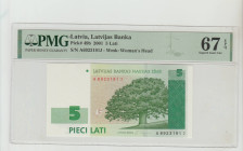 Latvia, President, Vaira Vike-Freiberga (1999 - 2007). Latvijas Banka Pick# 49b 2001 5 Lati S/N A6923191J Wmk: Woman's Head 67 Superb Gem Unc
PMG 67