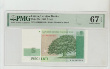 Latvia, President, Vaira Vike-Freiberga (1999 - 2007). Latvijas Banka Pick# 53a 2006 5 Lati S/N A1446658S Wmk: Woman's Head 67 Superb Gem Unc
PMG 67