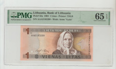 Lithuania, President Algirdas Brazauskas (1993 - 1998). Bank of Lithuania Pick# 53a 1994 1 Litas Printer: TDLR S/N AAA5183299 - Wmk: Arms "Vytis" 65 G...
