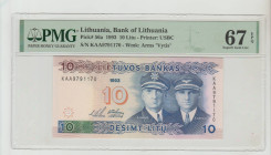 Lithuania, President Algirdas Brazauskas (1993 - 1998). Bank of Lithuania Pick# 56a 1993 10 Litu - Printer: USBC S/N KAA9791170 - Wmk: Arms "Vytis" 67...