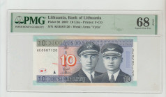 Lithuania, President Valdas Adamkus (2004 - 2009). Bank of Lithuania Pick# 68 2007 10 Litu - Printer: F-CO S/N AE0587120 - Wmk: Arms "Vytis" 68 Superb...