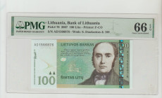 Lithuania, President Valdas Adamkus (2004 - 2009). Bank of Lithuania Pick# 70 2007 100 Litu - Printer: F-CO S/N AD1566876 Wmk: S. Daukantas & 100 66 G...