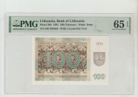 Lithuania, President Vytautas Landsbergis (1990 - 1992). Bank of Lithuania Pick# 38b 1991 100 (Talonas) - Wmk: Arms S/N DB 585646 With Counterfeit Tex...