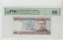 Lithuania, President Algirdas Brazauskas (1993 - 1998). Bank of Lithuania S/N NAC7747359 - Wmk: Arms "Vytis" Pick# 57a 1993 20 Litu - Printer: USBC 66...